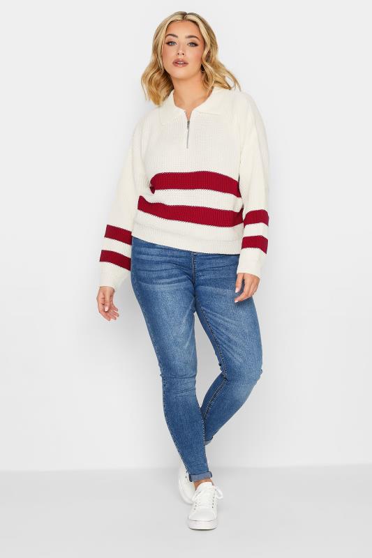 YOURS PETITE Plus Size White & Red Stripe Zip Collar Jumper | Yours Clothing 2