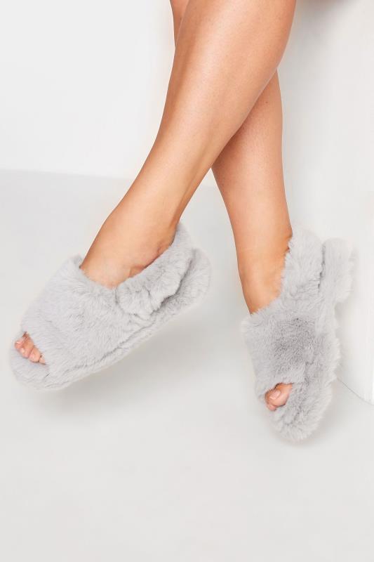 Plus Size  Yours Grey Faux Fur Ankle Strap Mule Slippers In Extra Wide EEE Fit