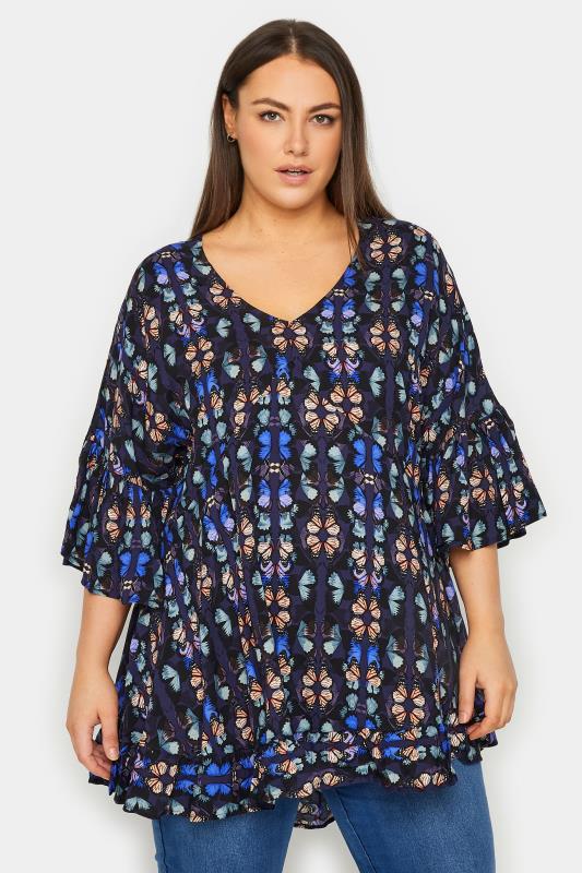 Plus Size  Evans Navy Butterfly Print Smock Top