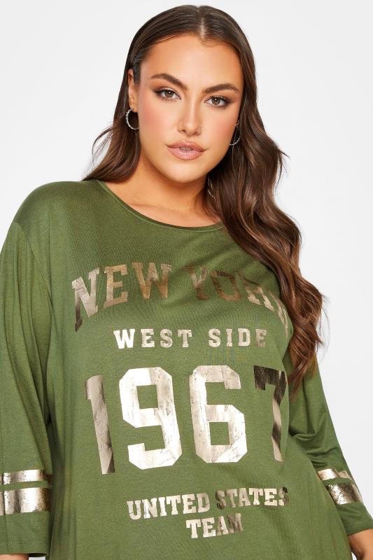 Plus Size Khaki Green Metallic Varsity T-Shirt | Yours Clothing 4