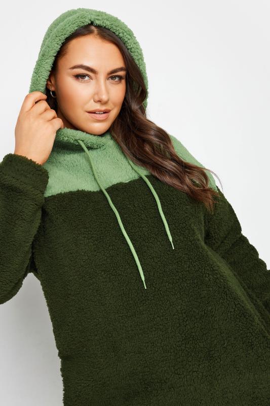 YOURS Plus Size Green Colour Block Teddy Hoodie | Yours Clothing 4