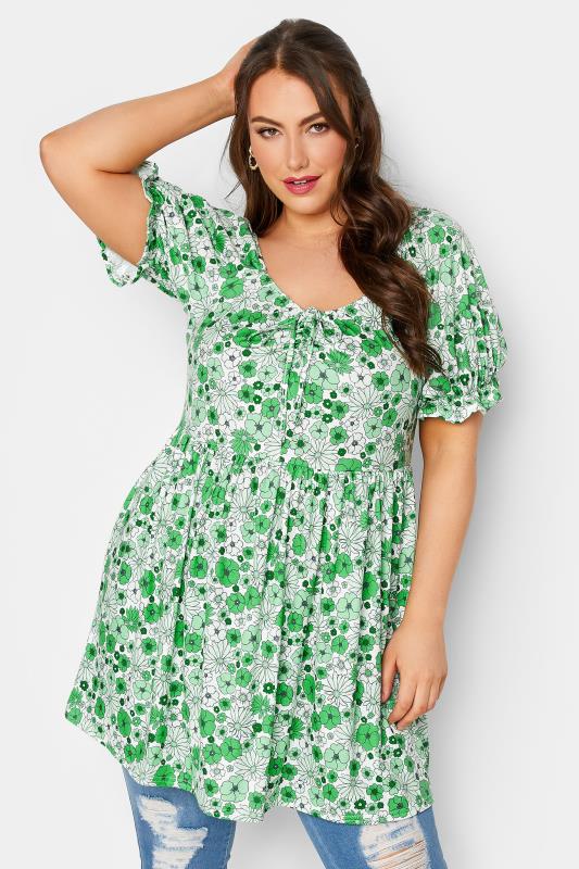 LIMITED COLLECTION Plus Size Green Floral Puff Sleeve Top | Yours Clothing 1