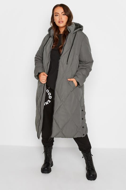  Grande Taille YOURS Curve Grey Quilted Midaxi Coat