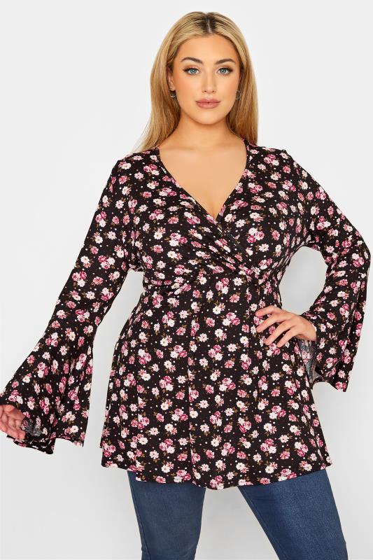 LIMITED COLLECTION Plus Size Black Floral Print Flare Sleeve Wrap Top | Yours Clothing 1