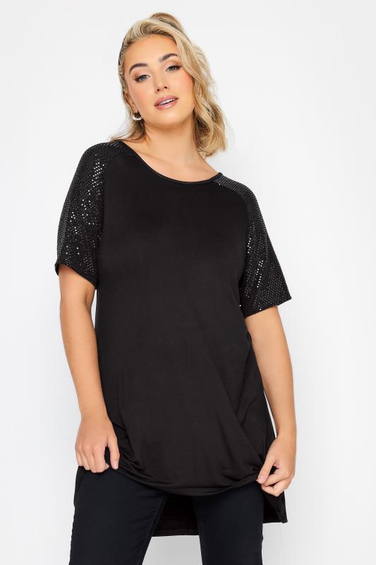 Plus Size Black Sequin Shoulder T-Shirt | Yours Clothing 1