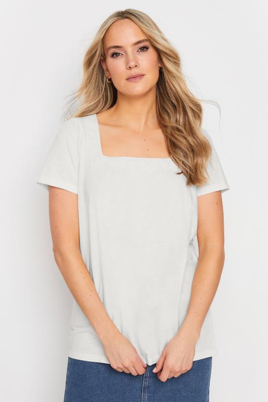 LTS Tall Women's Ivory White Crochet Trim T-Shirt | Long Tall Sally 1