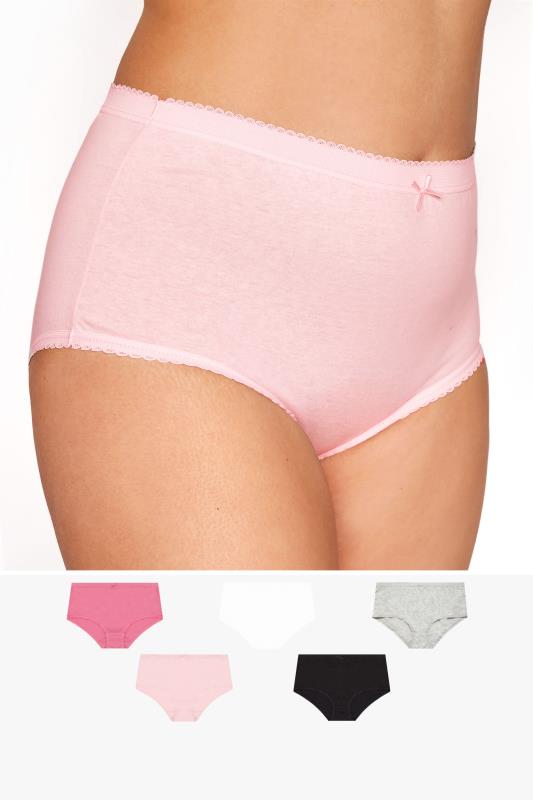 Plus Size  YOURS 5 PACK Pink & Black Solid Colour High Waisted Full Briefs