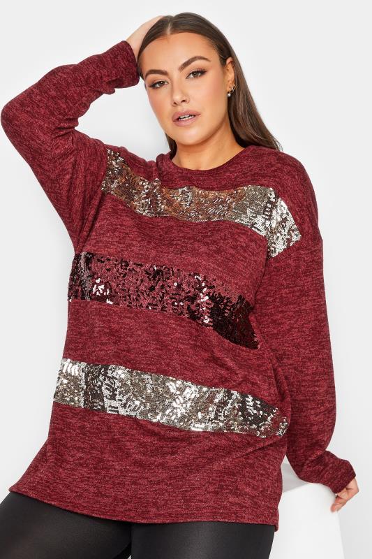 YOURS LUXURY Curve Red Sequin Embellished Stripe Soft Touch Top | Yours Clothing 5
