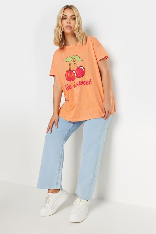 YOURS Plus Size Orange 'Life Is Sweet' Cherry Print T-Shirt | Yours Clothing 2