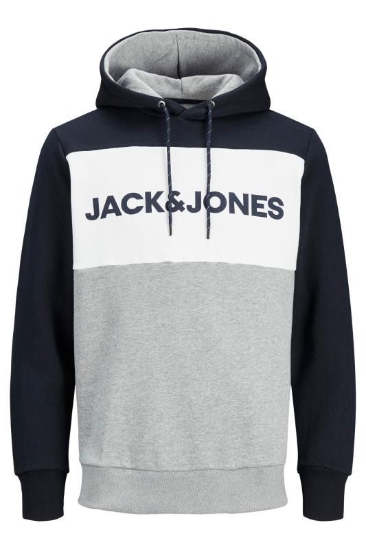 JACK & JONES Big & Tall Navy Blue & Grey Colour Block Logo Hoodie 2