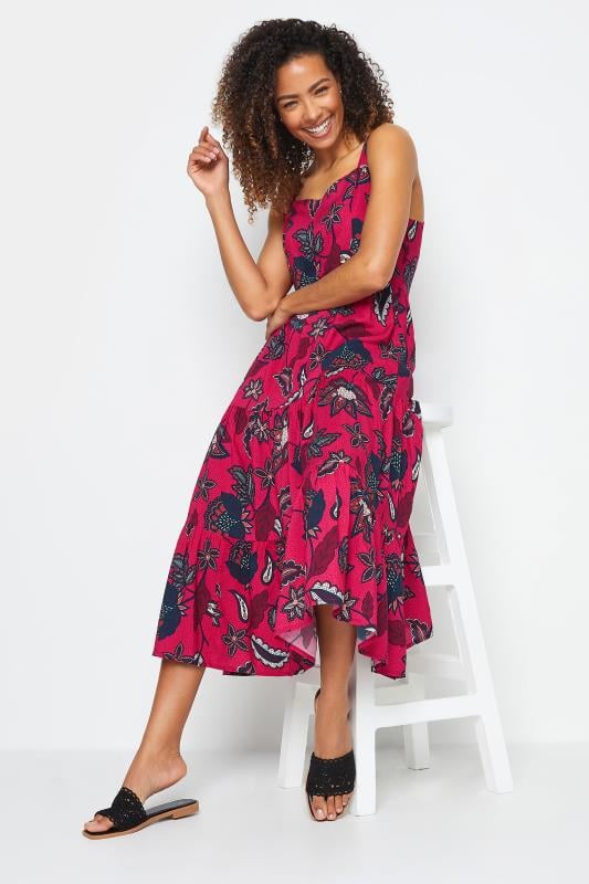 M&Co Womens Pink Flower Printed Tiered Midi Sundress 1