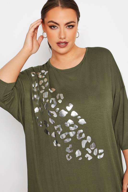 Plus Size LIMITED COLLECTION Khaki Green Foil Leopard Print Oversized T-Shirt | Yours Clothing  4