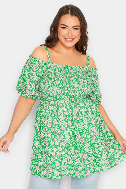 Plus Size Green Floral Print Cold Shoulder Top | Yours Clothing  2