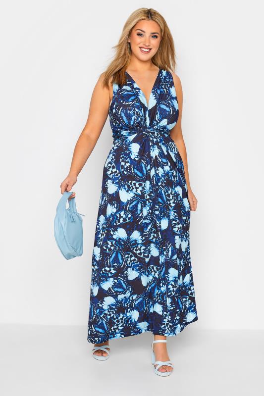 YOURS LONDON Curve Blue Butterfly Print Knot Front Maxi Dress_B.jpg