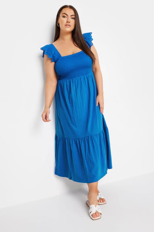 YOURS Plus Size Blue Frill Sleeve Shirred Midaxi Dress | Yours Clothing 1