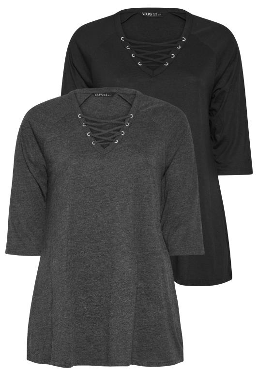 YOURS Plus Size 2 PACK Black & Charcoal Grey Lace Up Eyelet Tops | Yours Clothing 7