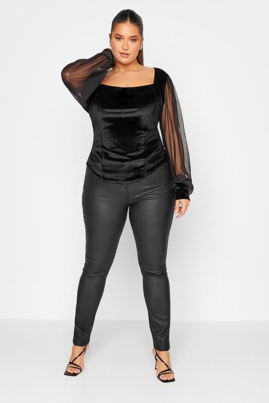 LTS Tall Women's Black Velvet & Mesh Long Sleeve Corset Top  2
