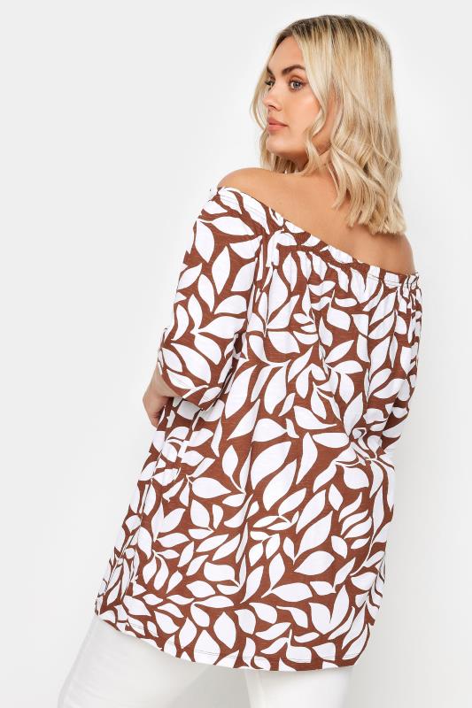 YOURS Plus Size Brown Leaf Print Bardot Top | Yours Clothing 3