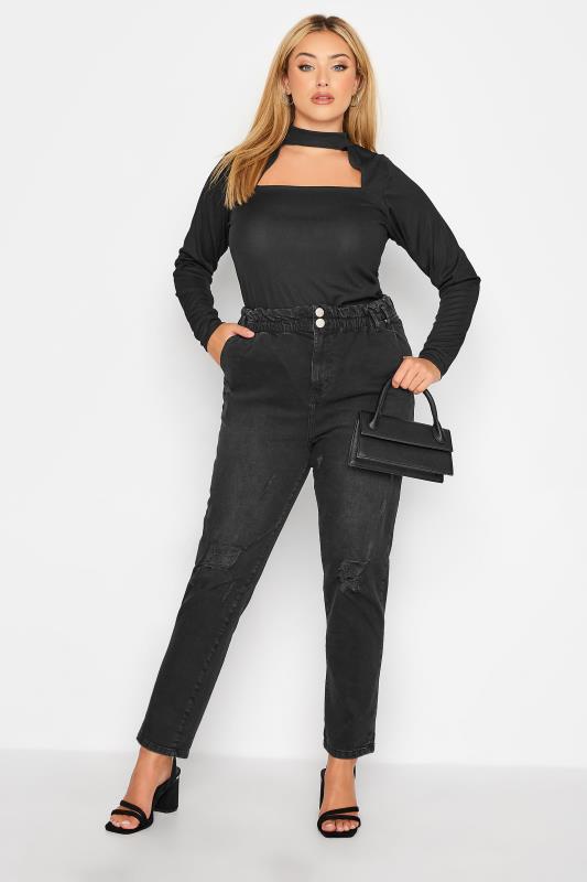 Curve Black Ripped Elasticated MOM Jeans 3