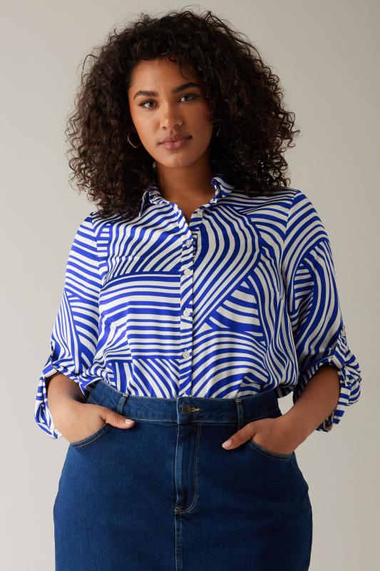 Plus Size  EVANS Curve Blue Abstract Print Tab Sleeve Shirt