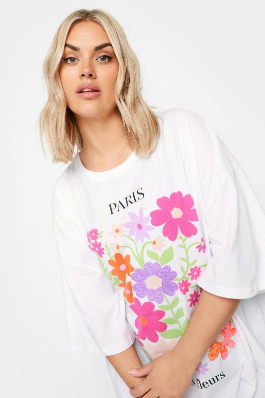 YOURS Plus Size White Floral Print 'Paris' Slogan Oversized T-Shirt | Yours Clothing 3