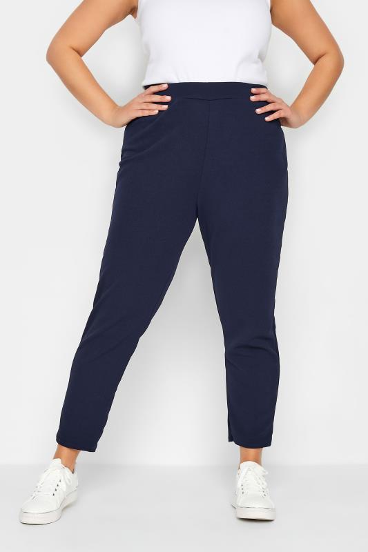YOURS PETITE Plus Size Navy Blue Textured Slim Leg Trousers | Yours Clothing 1