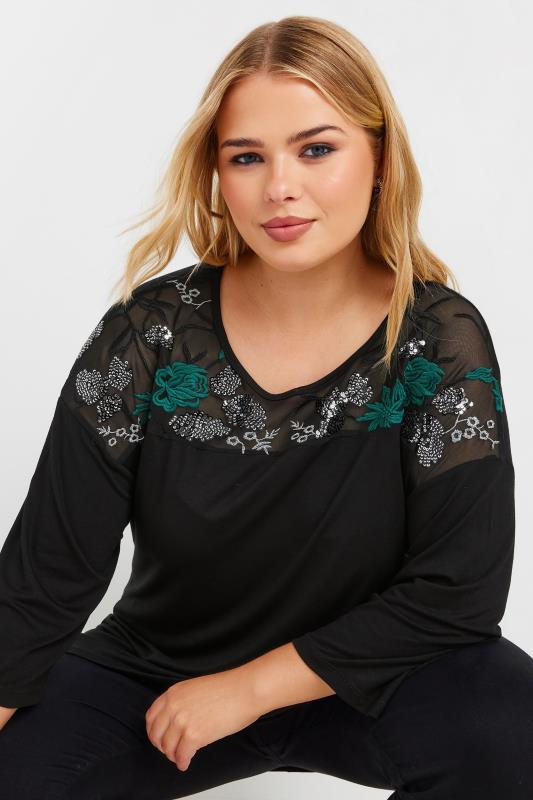 YOURS Plus Size Black & Green Mesh Embellished Swing Top | Yours Clothing  1