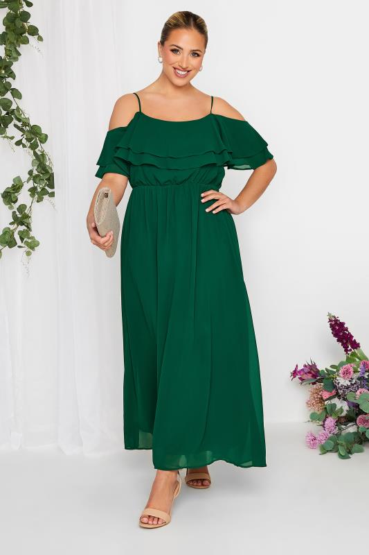  dla puszystych YOURS LONDON Curve Forest Green Bardot Ruffle Maxi Dress