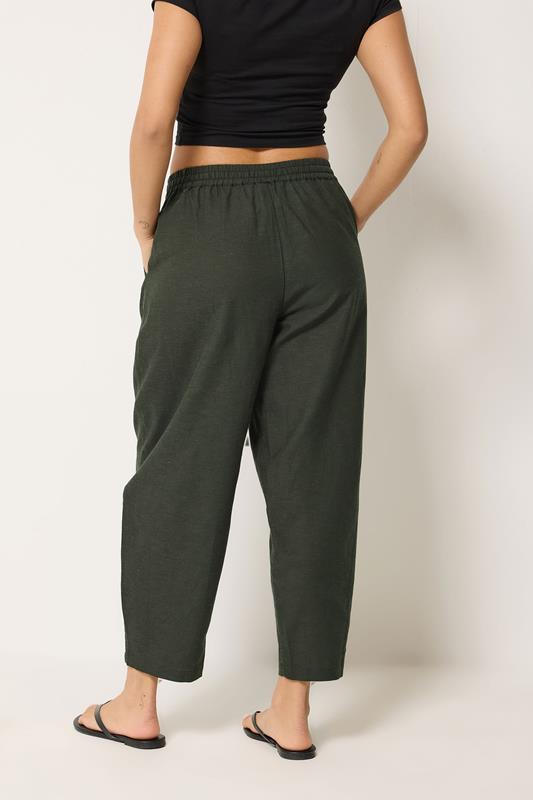PixieGirl Petite Women's Olive Green Linen Barrel Trousers | PixieGirl 2