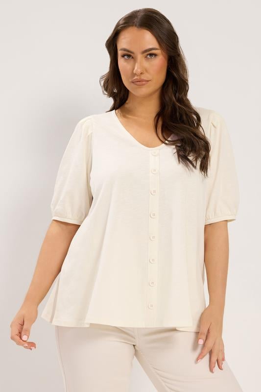 YOURS Curve ivoorwitte top met pofmouwen en knopen aan de voorkant