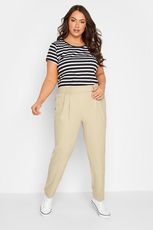YOURS Plus Size Beige Brown Double Belted Tapered Trousers | Yours Clothing
