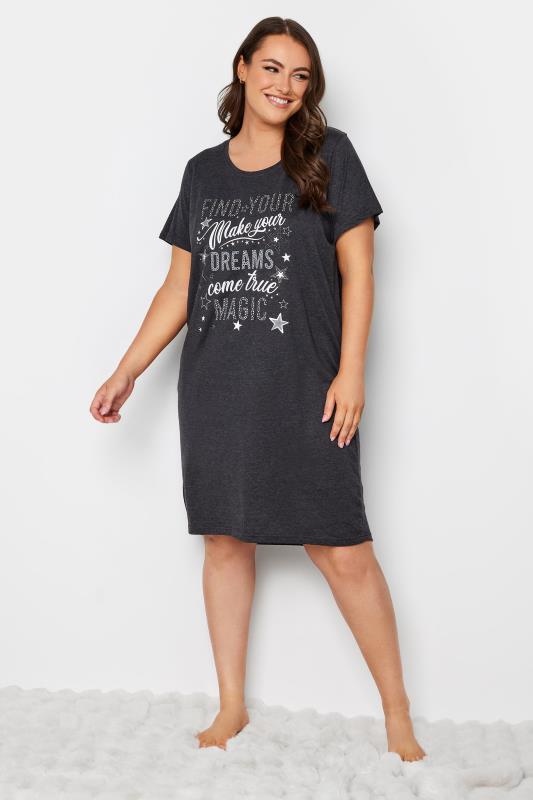  YOURS Curve Grey Star Textured 'Find Your Magic' Slogan Nightdress