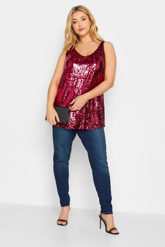 YOURS LONDON Plus Size Red Sequin Embellished Cami Top | Yours Clothing 2