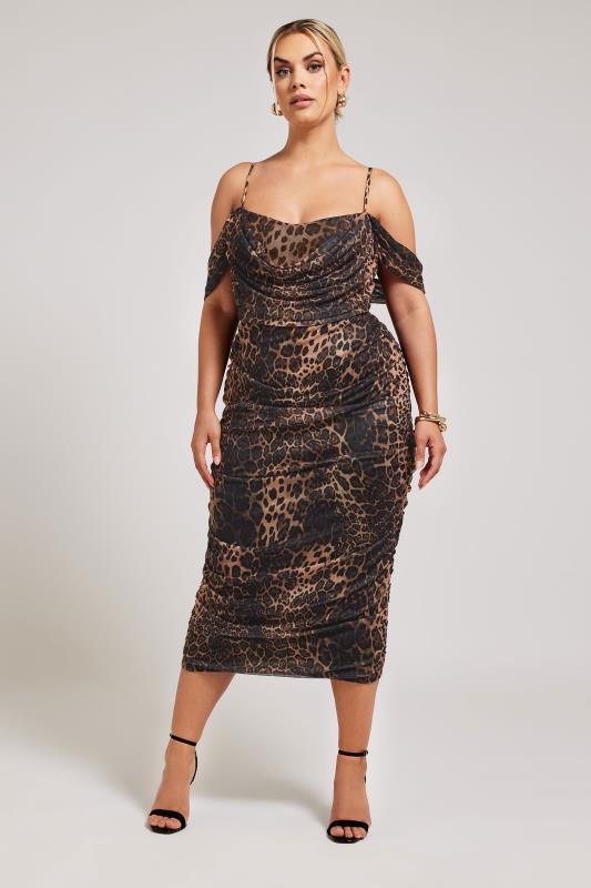 YOURS LONDON Plus Size Brown Leopard Print Cold Shoulder Dress | Yours Clothing 2