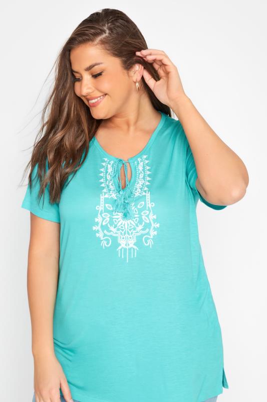 Plus Size Blue Aztec Embroidered Tie Neck T-Shirt | Yours Clothing  4