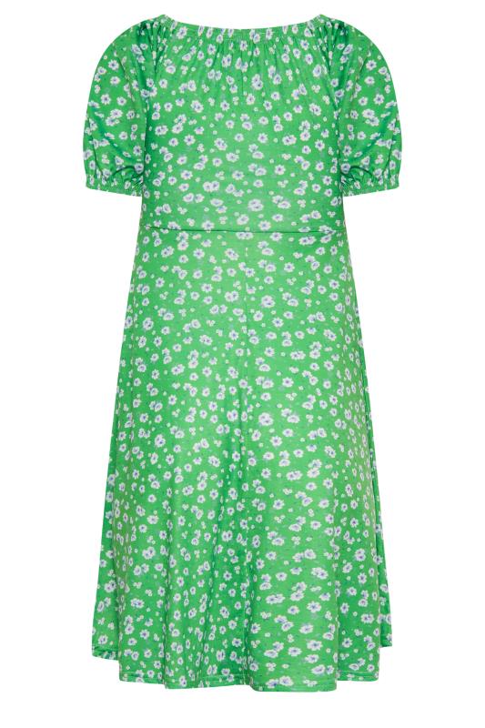 Petite Green Daisy Print Ruched Front Dress | PixieGirl 7