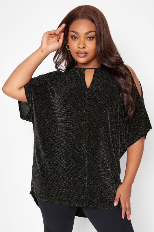YOURS LONDON Plus Size Black Glitter Cold Shoulder Cape Top | Yours Clothing 1