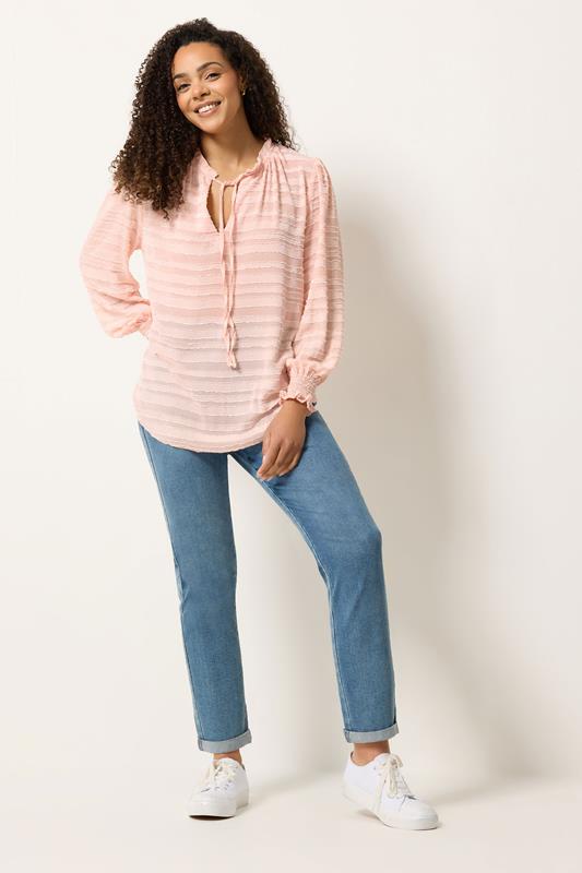 M&Co Pink Textured Stripe Tie Neck Blouse | M&Co 1