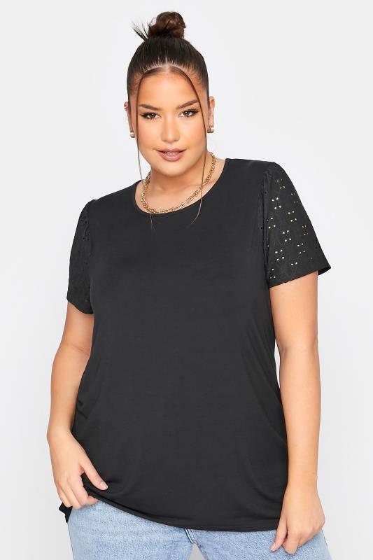 LIMITED COLLECTION Plus Size Black Broderie Anglaise Sleeve T-Shirt | Yours Clothing  1