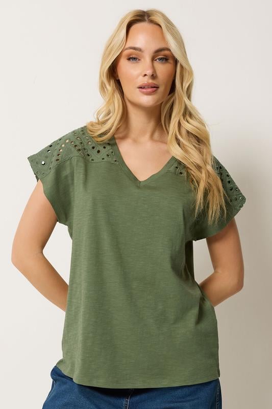  M&Co Khaki Green Broderie V-Neck Cotton T-Shirt