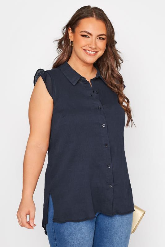 Plus Size Navy Blue Button Through Dipped Hem Shirt | Yours Clothing 1