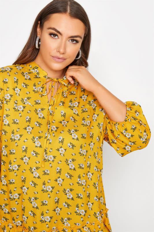 Curve Mustard Yellow Floral Print Tie Neck Blouse 4