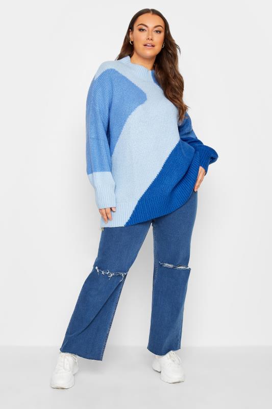 Curve Plus Size Womens Light & Dark Blue Colour Block Knit Jumper | Yours Clothing 2