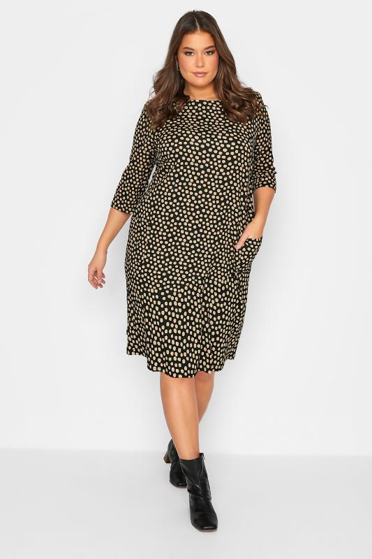 Curve Plus Size Womens Black & Beige Polka Dot Midi Dress | Yours Clothing 1