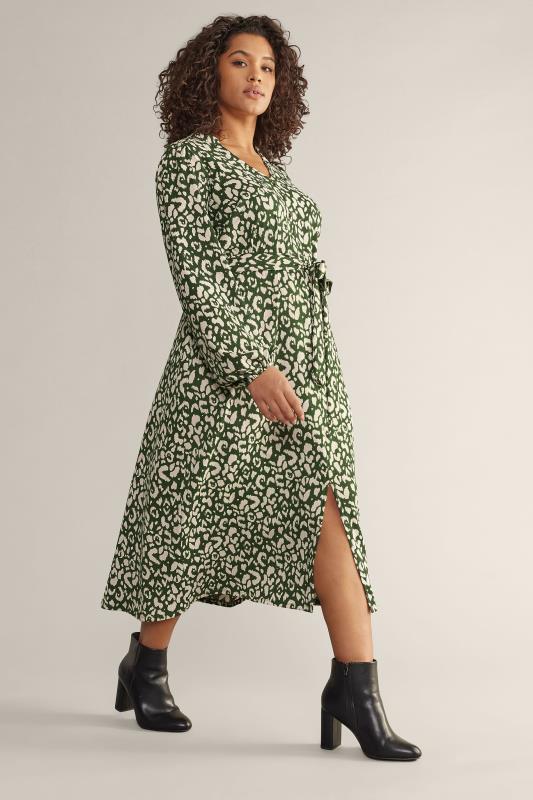 Plus Size  EVANS Curve Khaki Green Leopard Print Tie Waist Midi Dress