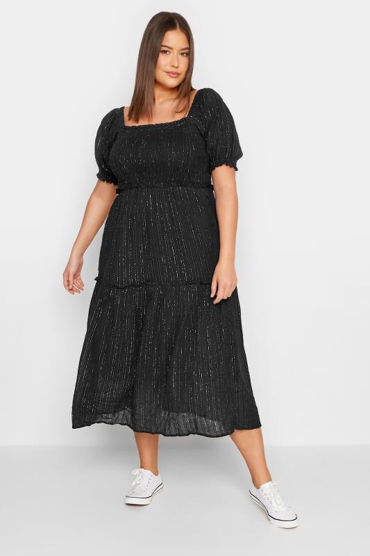  LTS Tall Black Sparkle Shirred Midi Dress