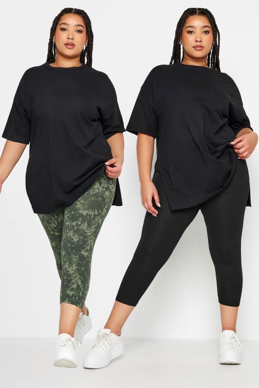 YOURS Plus Size 2 PACK Black & Khaki Green Tie Dye Cropped Leggings | Yours Clothing 1