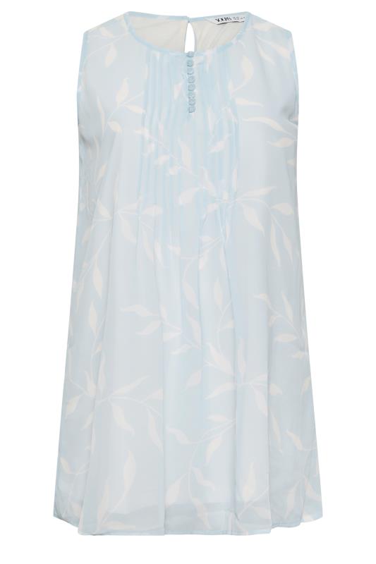 YOURS Curve Plus Size Light Blue Floral Leaf Print Pintuck Sleeveless Blouse | Yours Clothing 6