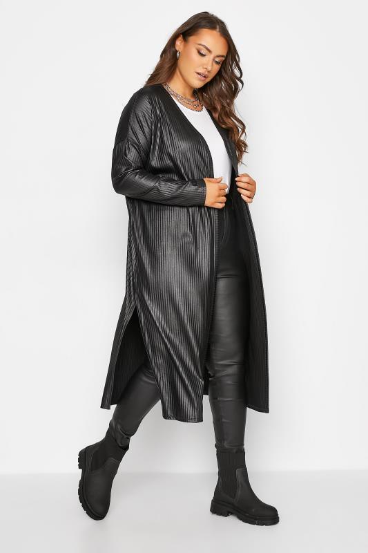 Plus Size Curve Black Wet Look Ribbed Maxi Cardigan | Yours Clothing 1