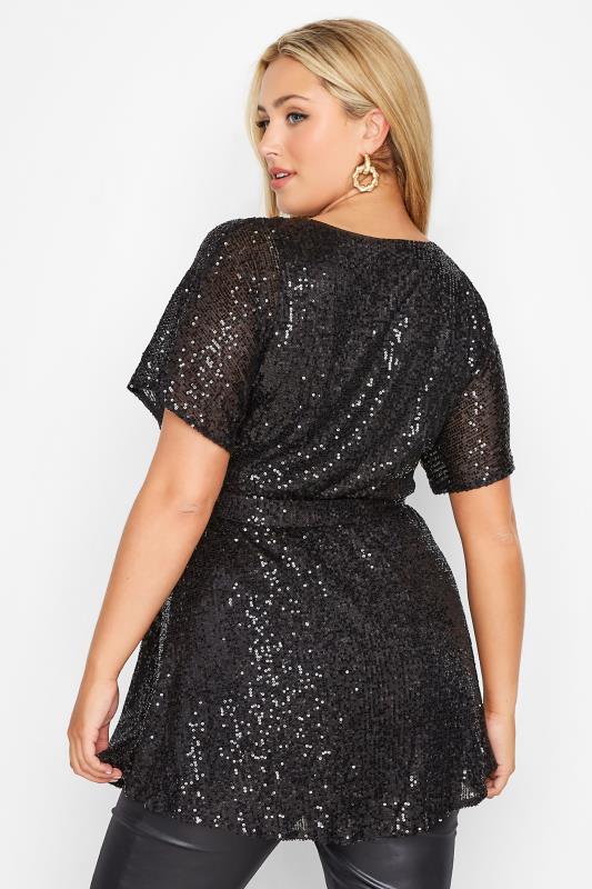 YOURS LONDON Plus Size Black Sequin Embellished Wrap Top | Yours Clothing 3